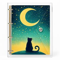 Caderno Fichário Transparente Universitário Argolado Gato Lua Fechamento c/ Botão Caderno Fichário Transparente Universitário Argolado Gato Lua Fechamento c/ Botão