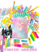 Caderno Pelúcia Coração + 18 Marca Textos Fofos Caderno Pelúcia Coração + 18 Marca Textos Fofos