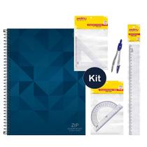Caderno Quadriculado Capa Dura Tilibra 5mm 96 folhas + Kit Escolar Geométrico 4pcs Esquadro Compasso Transferidor Régua
