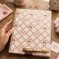Caderno Universitário Feminino Capa Dura Sweet Cherry Escolar Folhas Pauta Rosa Vermelho Estilo Cherry Resistente Moda Estudante Acessório