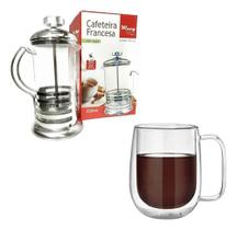 Cafeteira Francesa Prensa 350ml + Caneca Vidro Duplo 260ml
