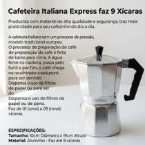 Cafeteira Italiana Moka Express Alumínio Faz Até 9 Xícaras Café Expresso Sistema de Pressão Tradicional Dispensa Filtro de Papel Design Clássico. Cafeteira Italiana Moka Express Alumínio Faz Até 9 Xícaras Café Expresso Sistema de Pressão Tradicional Dispensa Filtro de Papel Design Clássico.