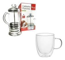 Cafeteira Prensa Francesa 350ml + Caneca Vidro Duplo 350ml