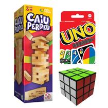 Caiu Perdeu Torre Pais & Filhos Uno Cartas Original Mattel e Cubo Mágico Kit Jogos de Tabuleiro