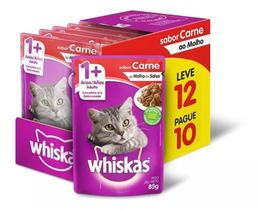 Caixa 12 Sachês Whiskas Carne Ao Molho Gatos Adultos 85g