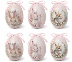 Caixa 6 Ovos Decorativos de Páscoa Laço Estampa Floral 7cm