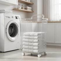 Caixa Acrilica Organizadora 61cm Rodizios Giratorios Cesto De Chao Crystal Roupas Toalhas Luxo Casa
