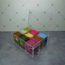 Caixa acrílica porta saches chá 9 divisórias com tampa stop