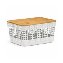 Caixa Cesto Organizador Tampa De Bambu Plástica 2,5 L Branca Cor:Branco