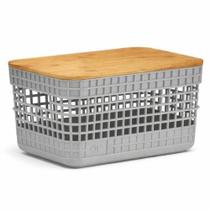 Caixa Cesto Organizador Tampa De Bambu Plástica 8L Cinza OU Cor:Cinza Caixa Cesto Organizador Tampa De Bambu Plástica 8L Cinza OU Cor:Cinza
