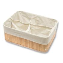Caixa Cesto Retangular Organizador Bambu Tecido Linho 4 Divisórias 32x22cm Casa Decoração