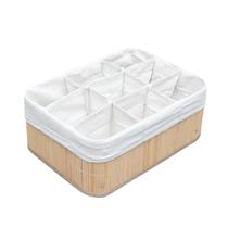 Caixa Cesto Retangular Organizador Bambu Tecido Linho 9 Divisórias 36x26cm Casa Decoração