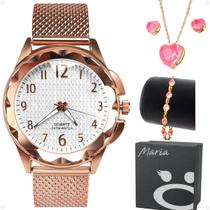 Caixa + colar + relogio feminino prova dagua banhado + pulseira moda ajustavel coração Rose social