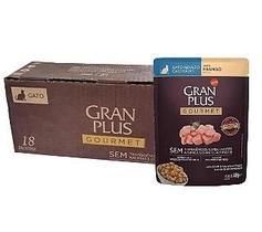 Caixa com 18 Sachês Gran Plus Gourmet para gatos castrados sabor frango 85g.