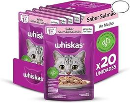 Caixa com 20 Sachês Whiskas para gatos adultos sabor salmão ao molho 85g. Caixa com 20 Sachês Whiskas para gatos adultos sabor salmão ao molho 85g.