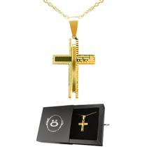 caixa + cordão banhado ouro dourado aço + pingente crucifixo pai nosso casual original presente