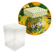 Caixa de Acetato com Base Estampa Futebol Brasil (6x6x9.5cm) Kit 25un Embalagem de Plástico Transparente
