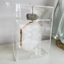 Caixa de Acrílico Decorativa Com Pedra Quartzo Branco e Pirita G