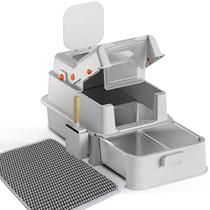 Caixa de areia fechada para gatos Homegroove em aço inoxidável com gaveta, caixa de areia metálica extra grande com tampa para gatos de interior, bandeja sanitária metálica coberta com pá e pedal (cinza claro)