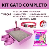 Caixa de areia para gato + areia 4kg brinde - kit - comedouro + bebedouro + pá + coleira + bolinha