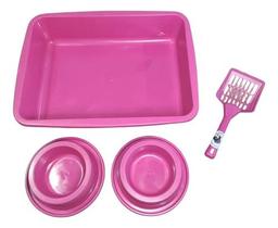 Caixa De Areia Para Gato Bandeja Com Pá Coletora + 2 Tigelas Rosa Caixa De Areia Para Gato Bandeja Com Pá Coletora + 2 Tigelas Rosa