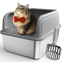 Caixa de areia para gatos Powools em aço inoxidável com entrada superior cinza
