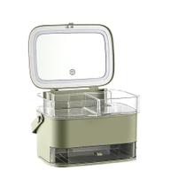 Caixa de armazenamento de cosméticos com espelho, luz LED, organizador de maquiagem (tipo gaveta) - HUOGUO