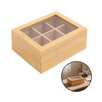 Caixa De Chá Bambu 6 Divisórias Organização Sachês Cozinha Bege