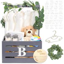 Caixa de chá de bebê de madeira Barydat 45x30x23 cm Conjunto de presente cinza Caixa de chá de bebê de madeira Barydat 45x30x23 cm Conjunto de presente cinza