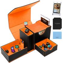 Caixa de deck, bandeja de dados e torre 2 em 1 para MTG Commander preto/laranja