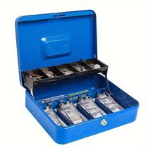 Caixa de dinheiro com fecho em metal azul com compartimentos para dinheiro e moedas