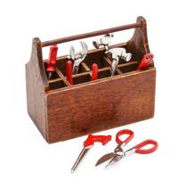 Caixa de ferramentas em miniatura Odoria, escala 1/12, com 8 peças de ferramentas de madeira/metal