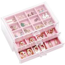 Caixa de joias ProCase, porta-brincos, organizador, 3 gavetas - rosa