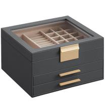 Caixa de Joias SONGMICS 3 Camadas com Tampa de Vidro - 8x9,1x5,3 Polegadas - Cinza/Dourada