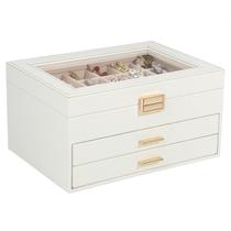 Caixa de jóias Voova 3 camadas de couro PU branco 25x18x13cm