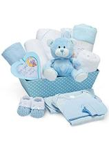 Caixa de lembrança do bebê recém-nascido - azul, à mão embalada e envolta em chiffon Este cesto inclui um urso de pelúcia bonito, botas de malha, bodysuit, babador, chapéu, cobertor, toalha encapuzada e placa suspensa