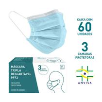 Caixa de Máscaras Triplas Descartáveis PFF2, com elástico e ajustável no nariz. Não alérgico, não estéril, não inflamável, sem látex, sem fibra de vidro e totalmente atóxica. - Caixa com 60 un. - Padrão ANVISA.