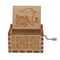 Caixa de música em madeira com manivela gravada Beauty and Beast