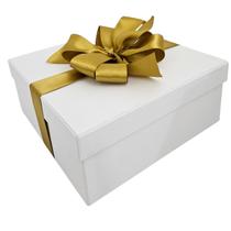 Caixa de Presente 25x25x10 Cartonada Branca Laço Dourado - Craftimbui