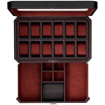 Caixa de relógio ROTHWELL de 12 slots em couro com gaveta de manobrista preta/vermelha Caixa de relógio ROTHWELL de 12 slots em couro com gaveta de manobrista preta/vermelha