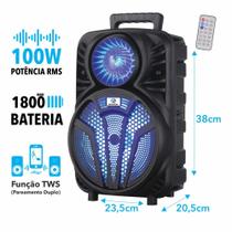 Caixa de Som Bluetooth Portátil LED 1800 mah de Bateria Potencia 100W RMS Função TWS - Hoopson