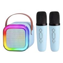 Caixa De Som Karaokê Potente 2 Microfones Portátil Cor Azul-AÇO 110v/220v