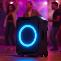 Caixa de Som Portátil 200W Bluetooth Hi-Fi Som 360 IPX4 Rádio FM Microfone Controle Remoto