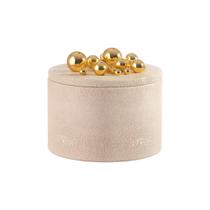 Caixa Decorativa Redonda material sintético Bege Com Esferas em Metal Dourado G - L. A. D.
