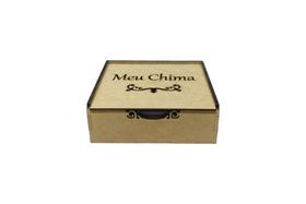 Caixa dobradiça falsa - Especiarias Chimarrão - Vazado Meu Chima- 6 potes acrílico e tags c/ escritas- MDF Cru - 20x18,5