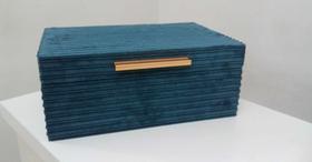 Caixa Em Mdf Veludo Azul Puxador Alumínio Bronze 30 Cm