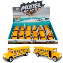 Caixa Expositora com 12 Ônibus Escolares de Metal Miniatura Clássico