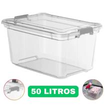 Caixa Grande Organizadora C/ Tampa Plástico 50l Transparente Baú Com Travas Robusta Resistente