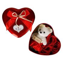 Caixa Lata Presente Rosas Artificiais Urso Pelúcia Coração