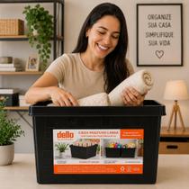 Caixa Multiuso Plástica 34L Preta Organizador com Tampa para Armazenamento Closet Despensa Lavanderia e Escritório